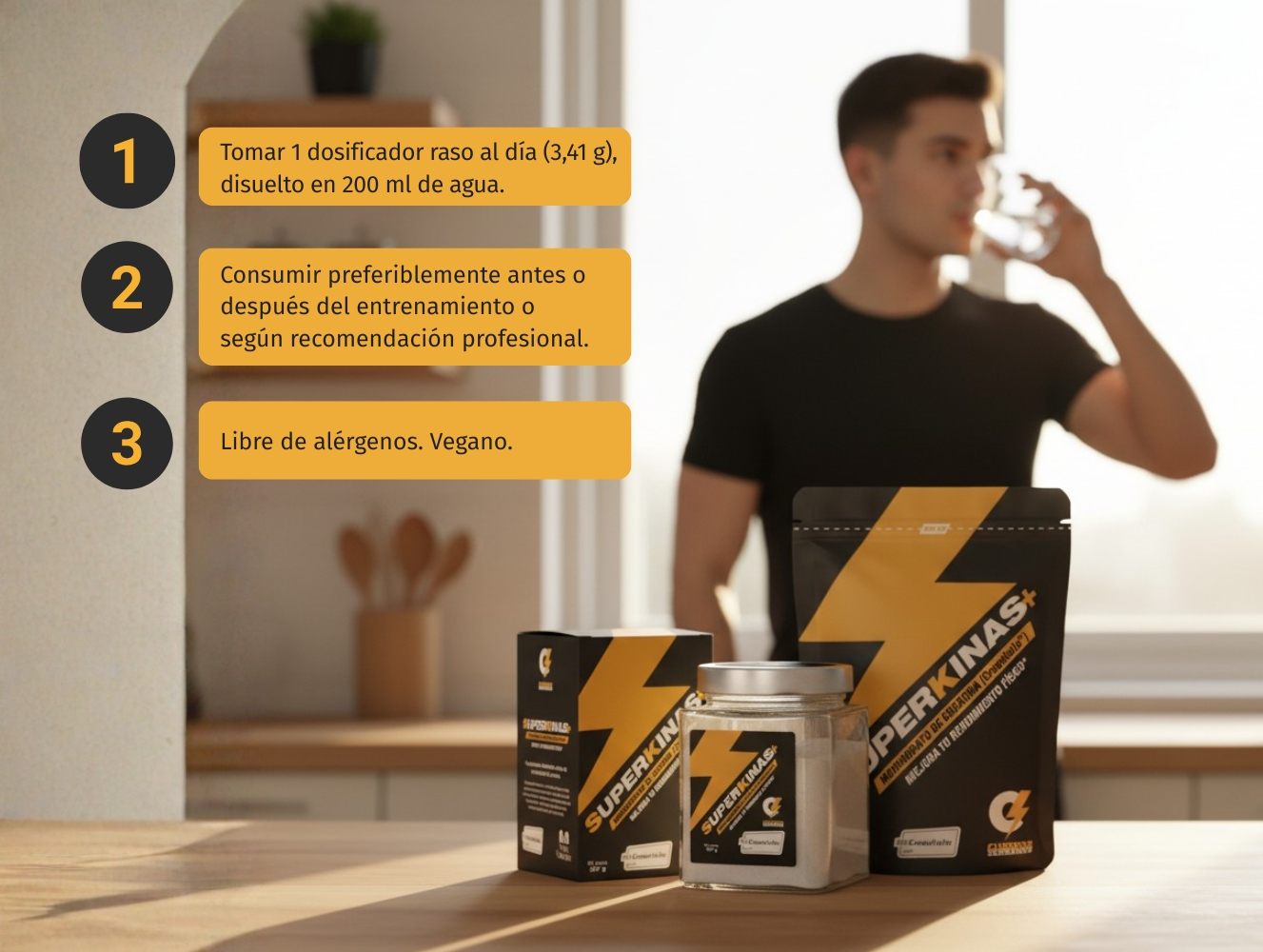 1. Tomar 1 dosificador raso al día (3,41 g), disuelto en 200 ml de agua. 2. Consumir preferiblemente antes o después del entrenamiento o según recomendación profesional. 3. Libre de alérgenos. Vegano.